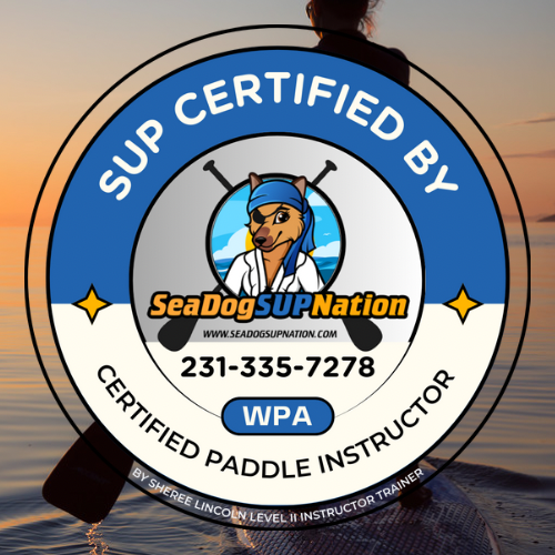 Sea Dog SUP Nation Logo about getting SUP Instructor Certified shows instructor paddle boarding at sunset